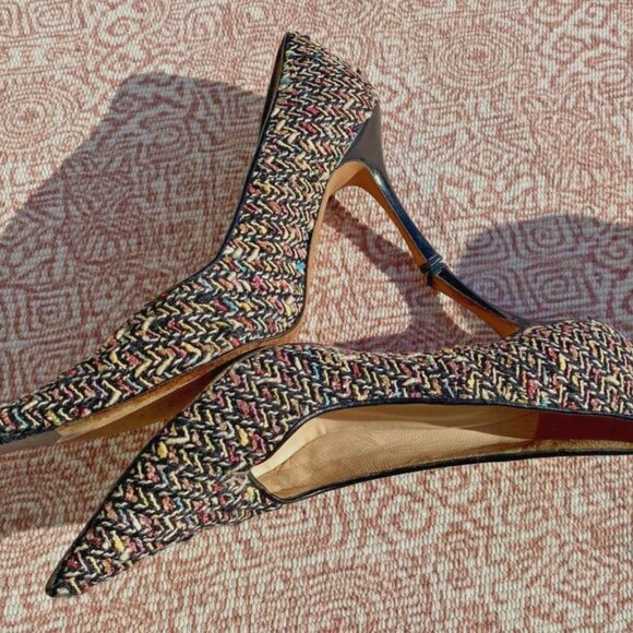 Manolo Blahnik Tweed Patent Leather Heels Pumps Pointed Toe Vtg - Picture 3 of 6